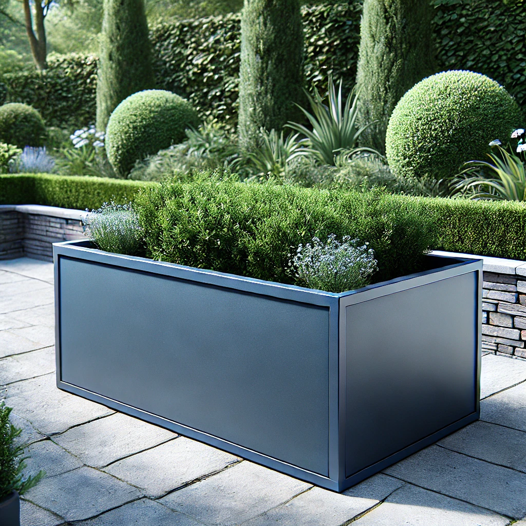 Jardinera rectangular de acero lacado en azul marino estilo inglés clásico en un jardín elegante
