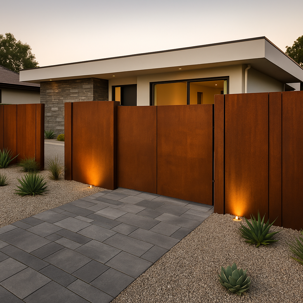 Cerramiento moderno de acero corten liso con iluminación en la entrada de una vivienda contemporánea