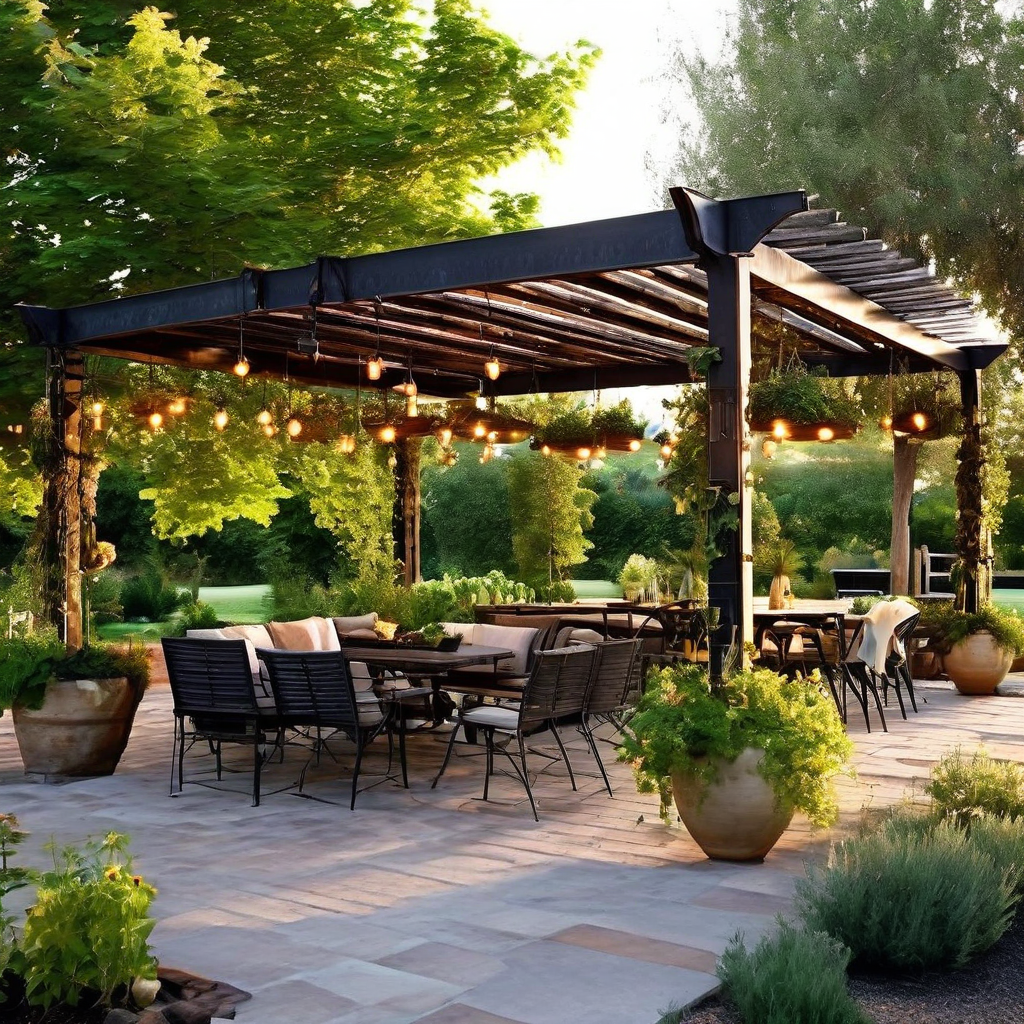 Pérgola de acero en terraza de jardín