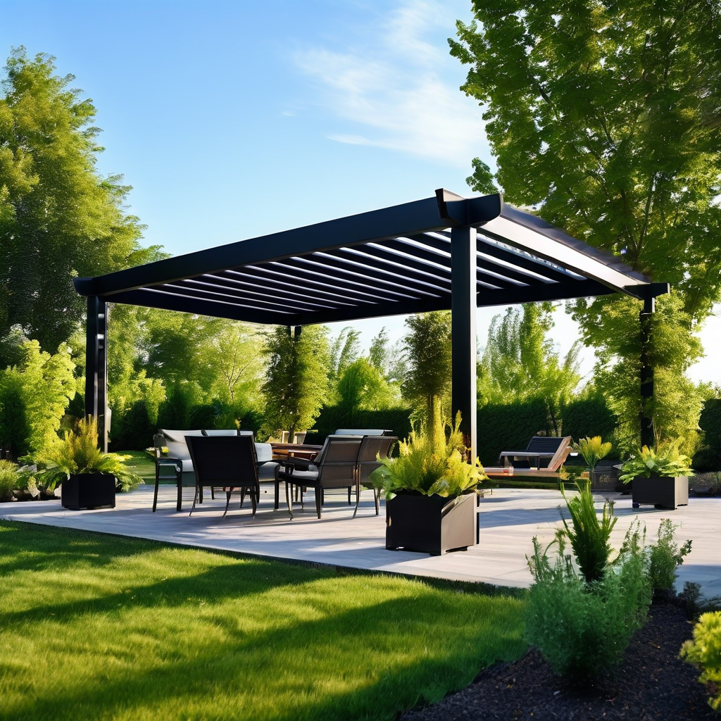 Pérgola de acero en terraza de jardín