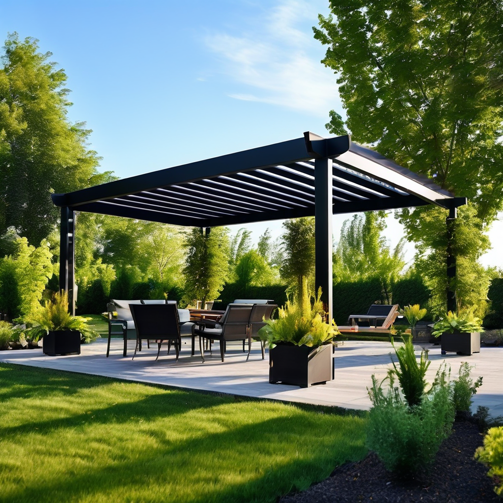 Pérgola de acero en terraza de jardín 