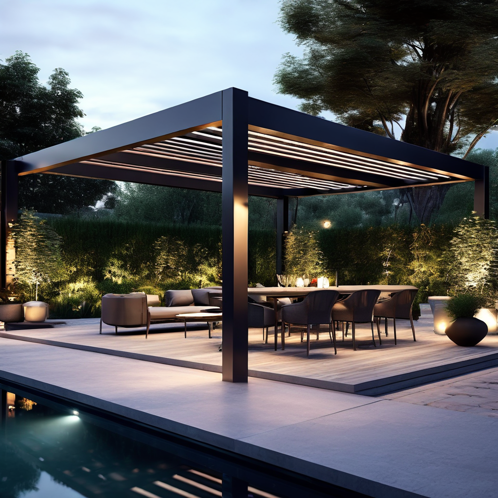 Pérgola de acero en terraza de jardín