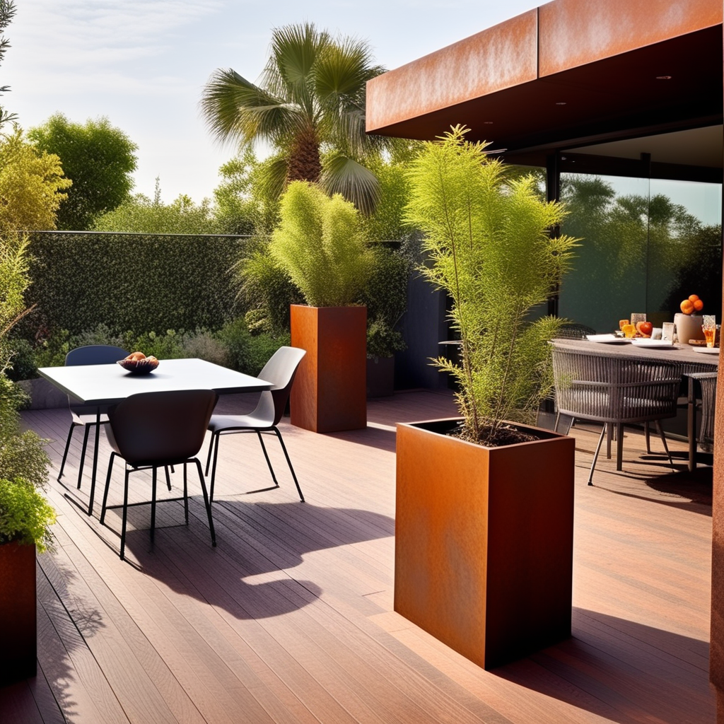 jardinera acero corten en terraza de restaurante
