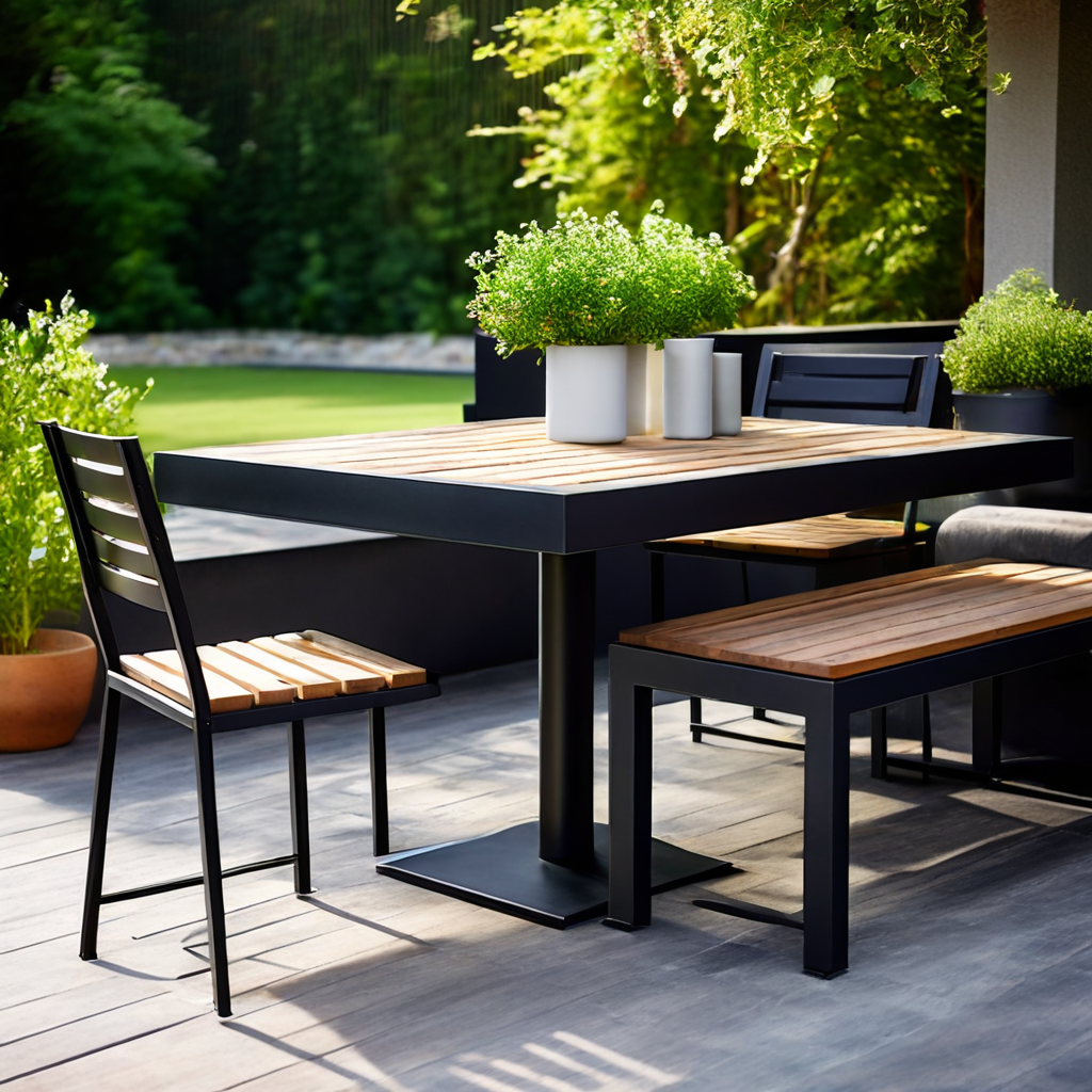 mesa y sillas de acero y madera para terraza