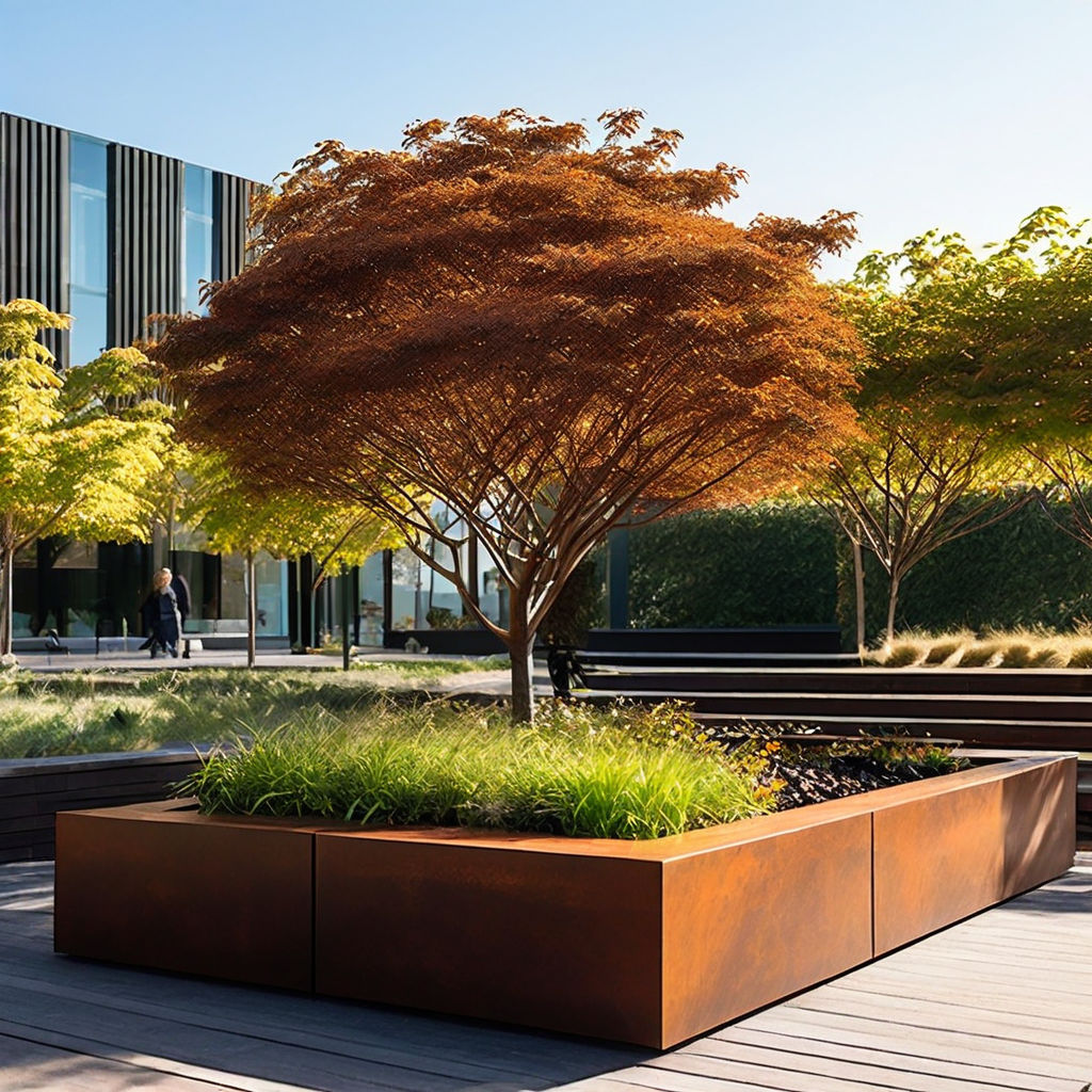 Alcorque de acero corten delimitando árbol en una plaza