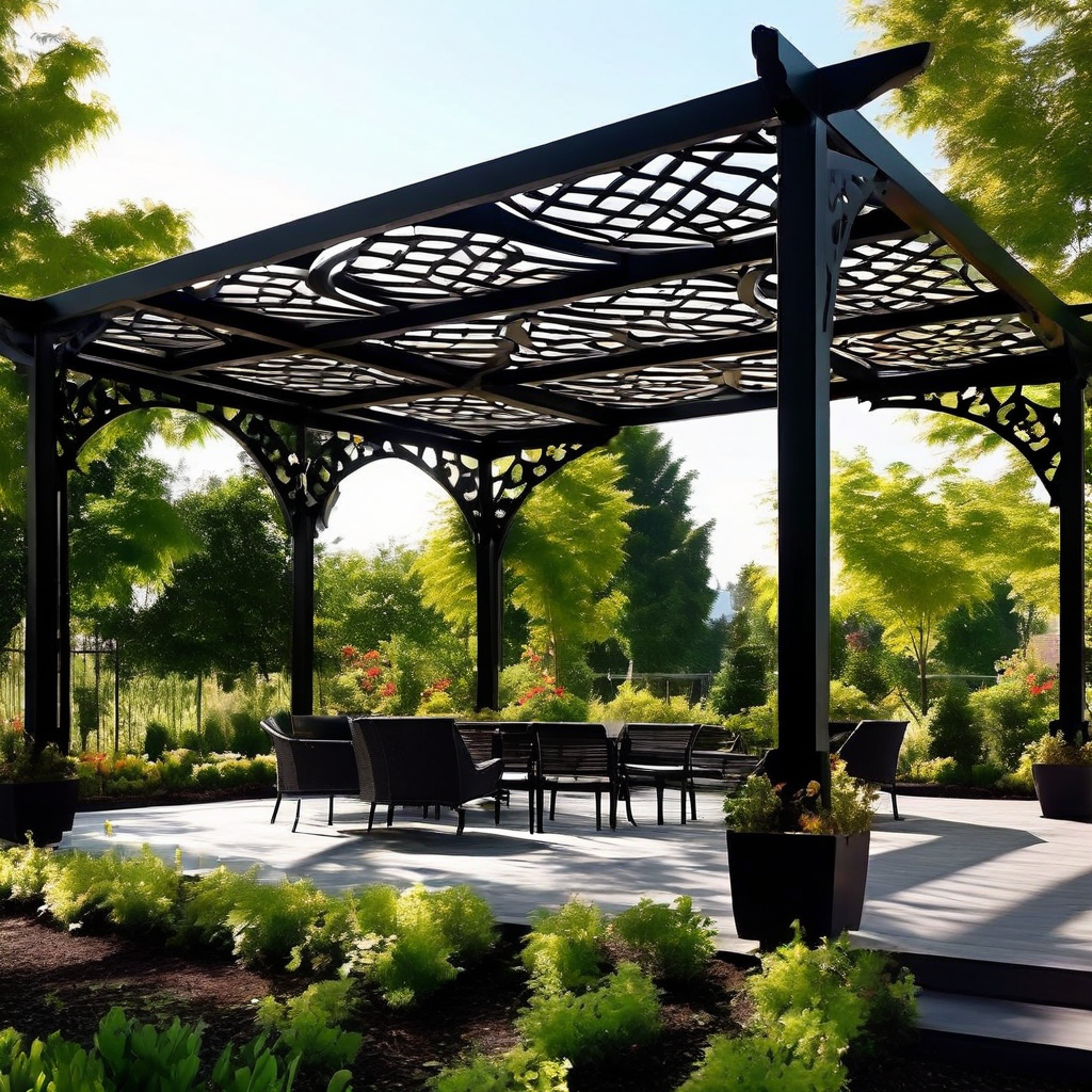 Pérgola de acero en terraza de jardín