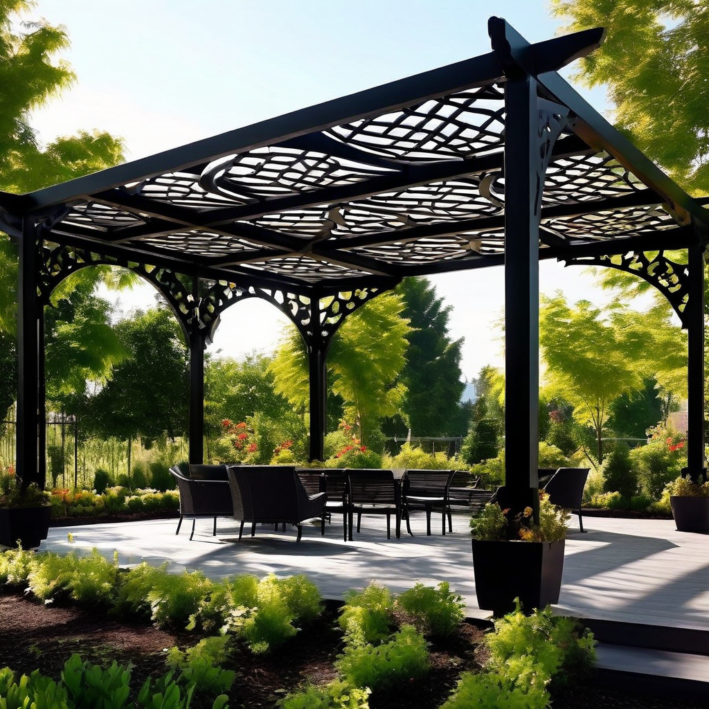 Pérgola de acero en terraza de jardín 