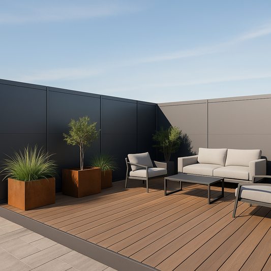 Terraza exterior con mobiliario moderno y maceteros de acero corten junto a paneles metálicos