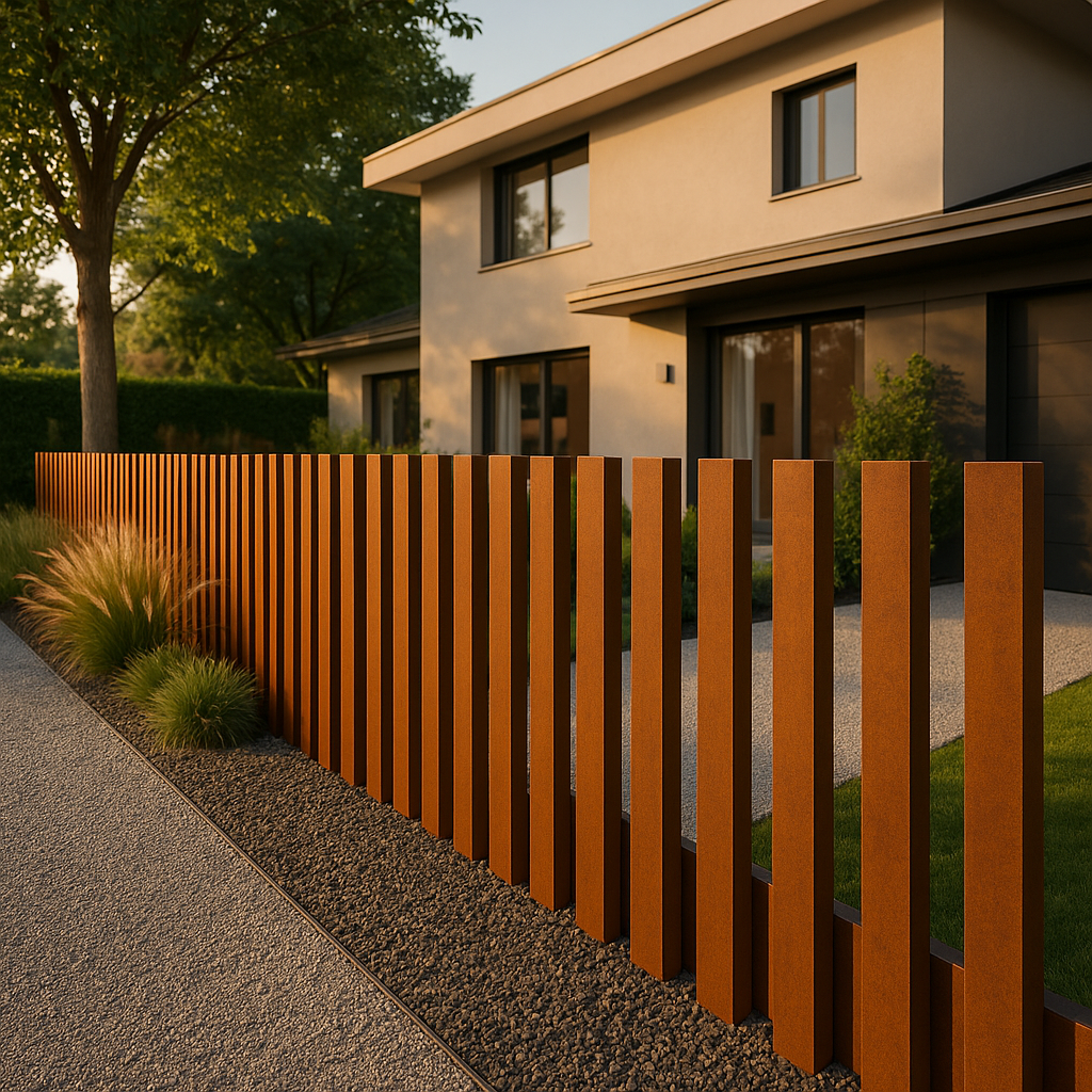 Valla de acero corten de barrotes verticales frente a una vivienda moderna con jardín
